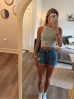 Striped Ribbed Crop Tank Top - White/Black